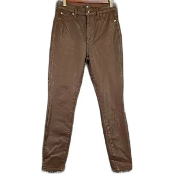7 FOR ALL MANKIND Coated Brown Ankle Super Skinny High Waist Jeans Waist 25 #773 - Picture 1 of 14